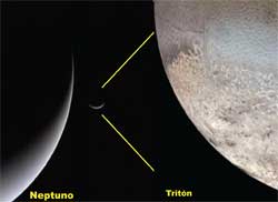 Imagen de Neptuno y Tritón el mayor de los 13 satélites que posee.
