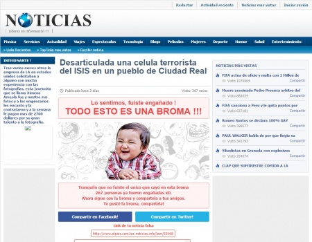 Captura de pantalla de la web de noticias falsas