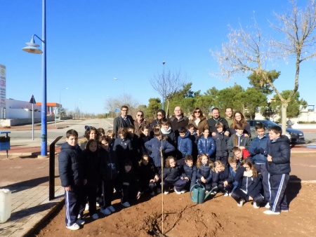 Los escolares junto a los responsables del Ayuntamiento y de la Fundación Soliss tras la plantación del olmo