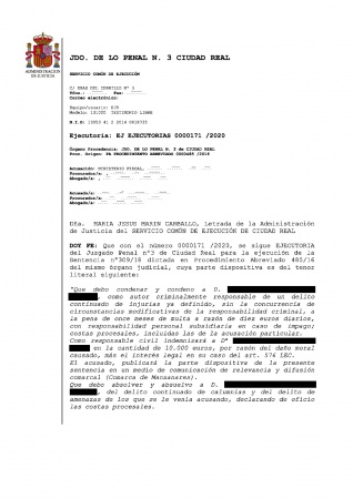Copia de la parte dispositiva en la que se ocultan los datos conforme a la normativa de protección de datos y al oficio judicial recibido