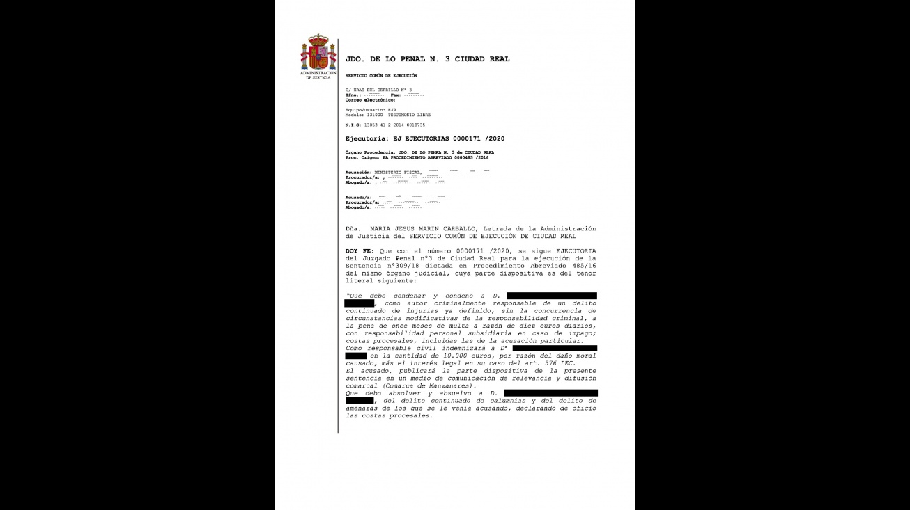 Copia de la parte dispositiva en la que se ocultan los datos conforme a la normativa de protección de datos y al oficio judicial recibido